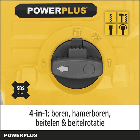 Detail van de bedieningsknop van een gele Powerplus klopboormachine: 4-in-1 boren, hamerboren, beitelen & beitelrotatie.