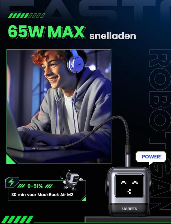 Chargeur GaN 65W UGREEN Nexode RG | 2x USB-C + 1x USB-A | Charge Rapide