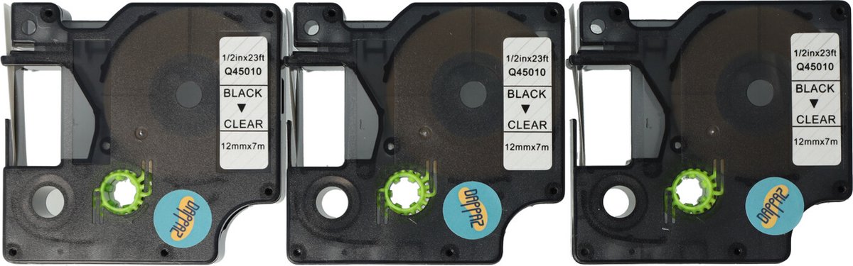 Dappaz - 3 stuks Dymo Plastic Labels D1 45010 Compatible - Zwart op Transparant - Geschikt voor Dymo LabelManager - 12 mm x 7 m - S0720500 Label Tape