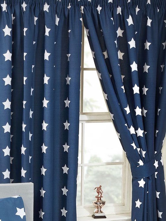 Gordijnen (set van 2 stuks kant-en-klaar 183 cm hoog en 168 cm breed) navy blauw / donkerblauw met witte sterren / sterretjes (stars) voor de kinderkamer / jongens slaapkamer