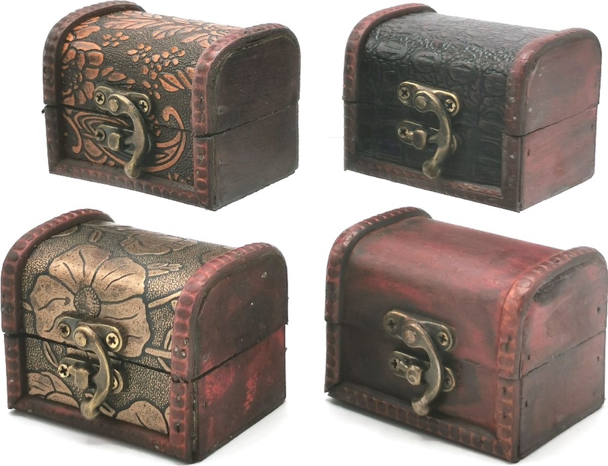 Boutique Trukado - Houten Mini Schatkist - set van 4 - handgemaakt - (bxhxd) ca. 8cm x 6cm x 5.5cm
