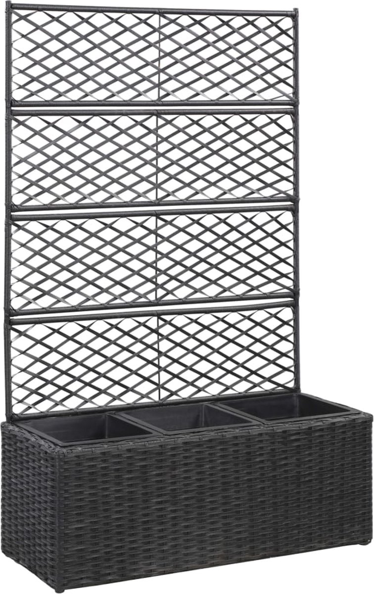 Plantenbak met klimrek - Weerbestendig - Bloembak - Met trellis - Buiten - Plastic - 3 vakken - Plantenrek - Rechthoekig - 3x16 Liter - Zwart