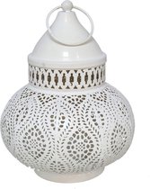 Tuin deco lantaarn - Marokkaanse sfeer stijl - wit/goud - D15 x H19 cm - metaal - buitenverlichting - buitenverlichting