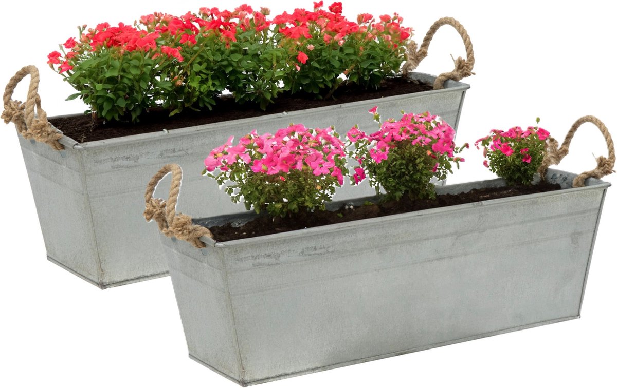 Goedkoopste Mega Collections plantenbak/bloembak Farmer - 2x - balkon - zink - zilver - L50 x D17 X H16 cm