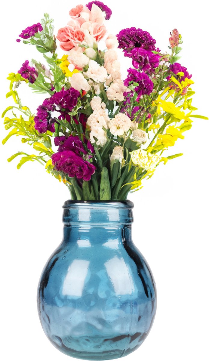 Natural Living Bloemenvaas Lourdes - blauw transparant - gerecycled glas - 20 x 24 cm - Ronde bol vorm vazen