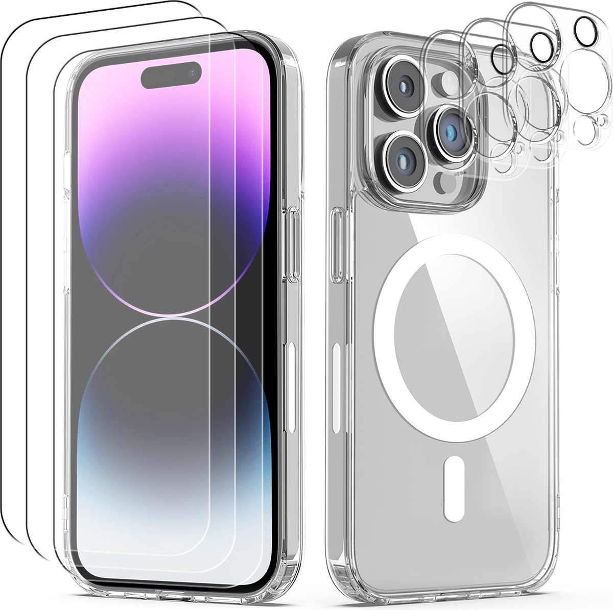 Nuvex Magsafe Hoesje Geschikt voor iPhone 14 Pro - Met 3x Screenprotector + 3x Cameraprotector - Magnetisch met Ring Doorzichtig - Telefoonhoesje Transparant Case