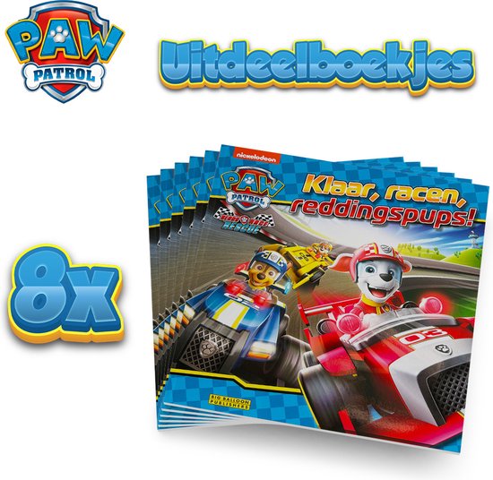 Paw Patrol Uitdeelboekjes - 8x Klaar, racen, reddingspups!- 24cm x 22cm softcover - Uitdeelcadeautjes voor kinderen - Traktatie - Jongens/meisjes speelgoed - 3 jaar / 4 jaar / 5 jaar / 6 jaar / 7 jaar