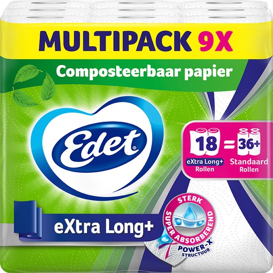 Multipack d'essuie-tout Edet eXtra Long+, 9 rouleaux, compostable, 18 = 36+ rouleaux.
