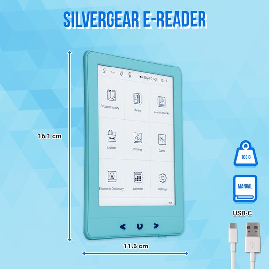 eReader 6 inch - E-Reader met Backlight - Ebook Reader - 17H Schermtijd - 4GB - Blauw - Silvergear