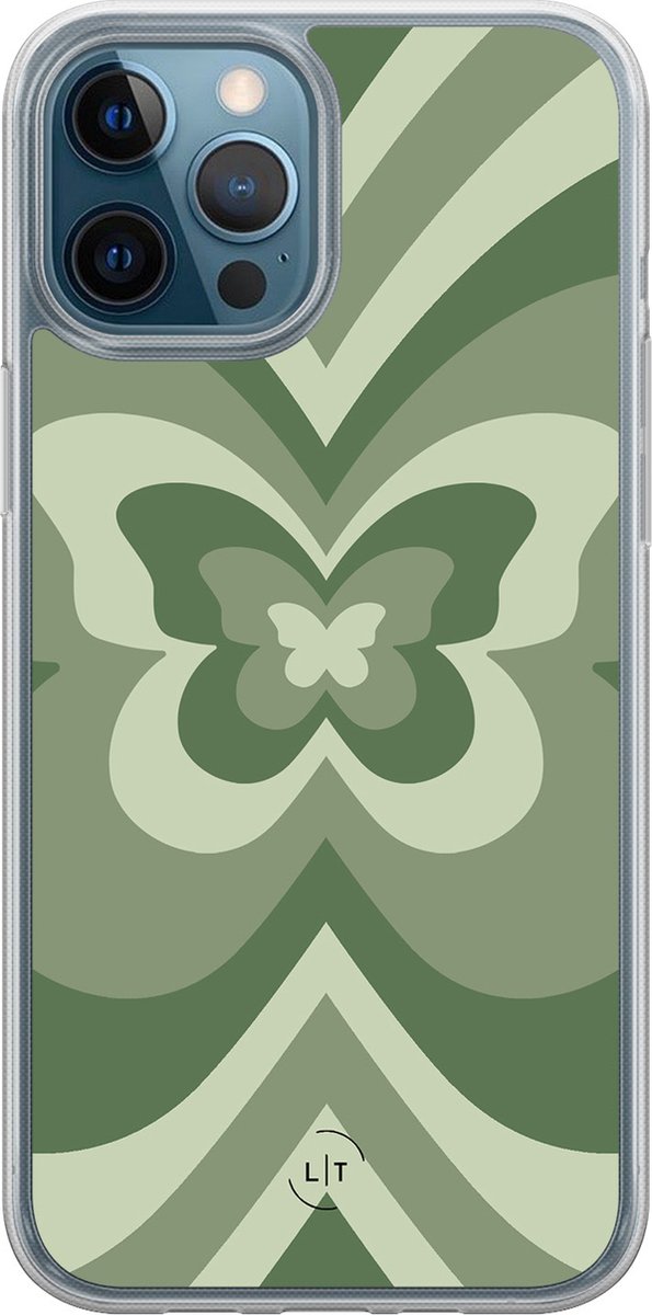 Hoesje geschikt voor iPhone 12 - Retro vlinder groen - 2in1 backcover - Print / Illustratie - Groen - Leuke Telefoonhoesjes