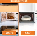 Comparaison avant/après d'un micro-ondes, le côté gauche étant plein de restes de nourriture renversés et le côté droit propre avec le couvercle de micro-ondes gris pliable à l'intérieur.