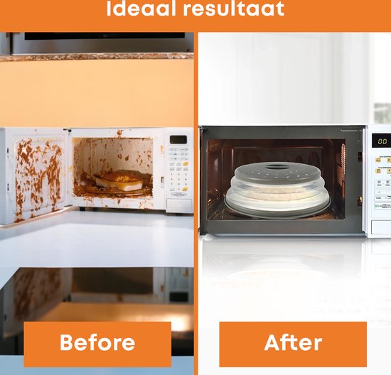 Comparaison avant/après d'un micro-ondes, le côté gauche étant plein de restes de nourriture renversés et le côté droit propre avec le couvercle de micro-ondes gris pliable à l'intérieur.
