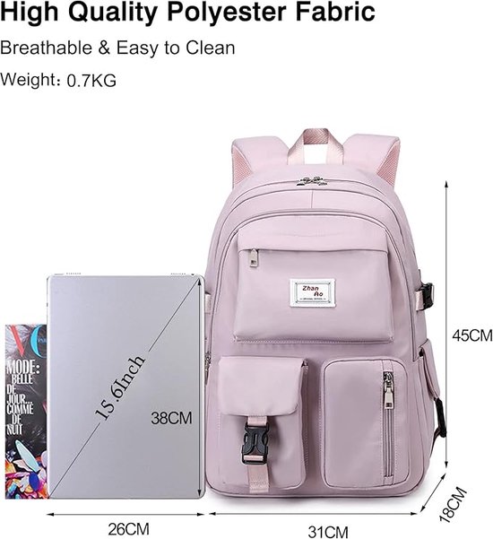 Sac à Dos Hype Décontracté - Pour école, Travail, Randonnée - Compartiment Ordinateur - Bretelles Rembourrées - Rose - Taille Unique
