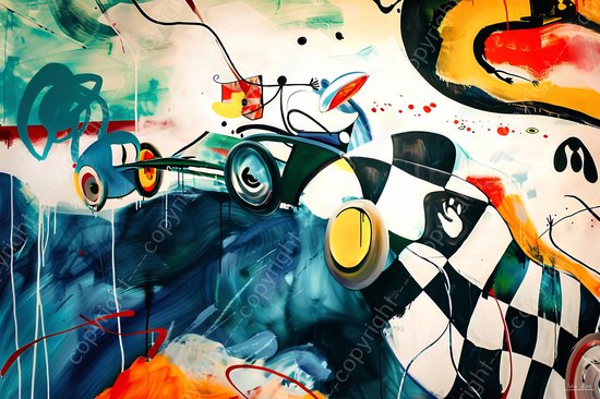 JJ-Art (Glas) 90x60 | Auto race, sport in Herman Brood stijl, abstract, kleurrijk, kunst | rood, wit, blauw, geel, groen, modern | Foto-schilderij-glasschilderij-acrylglas-acrylaat-wanddecoratie