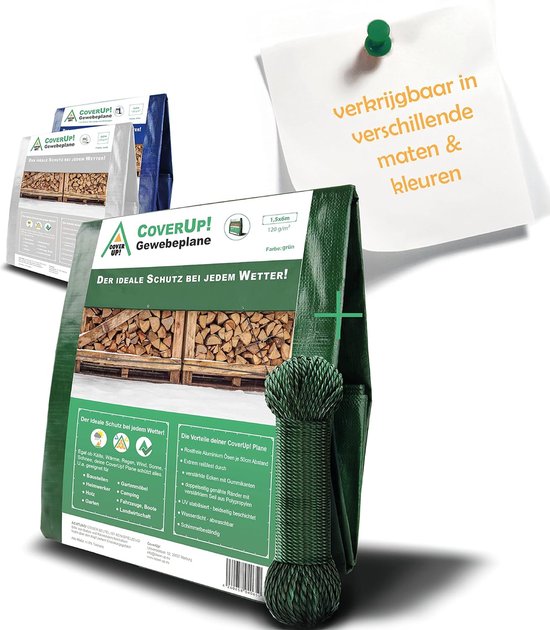CoverUp!(1,5x6 m) Afdekzeil - Kleur: groen, 120 g/m² Zeildoek - Weerstand door versterkte rubberen hoeken en roestvrijstalen oogjes - Tarpaulin met UV -bescherming - Dekzeil incl. 17m touw - voor aanhangwagen, boot, aanhanger