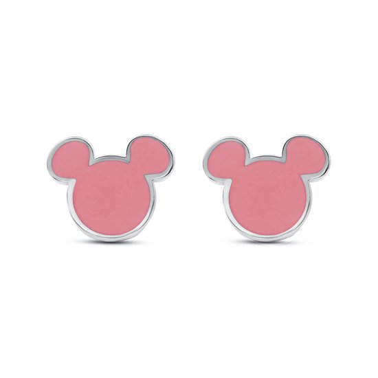 Disney 4-DIS050 Mickey Mouse Oorbellen - Mickey Oorknopjes - Disney Sieraden - 6,8x8mm - Roze Emaille - Staal - Hypoallergeen - Zilverkleurig