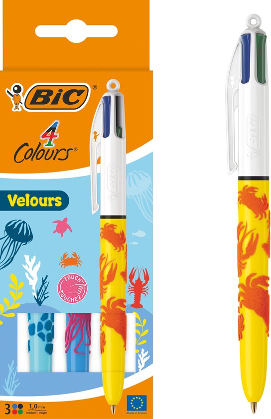 BIC 4 Kleuren Velours Balpennen Medium Punt (1.0 mm)  - Verschillende Ontwerpen - Pak van 3 Stuks - Velvet look