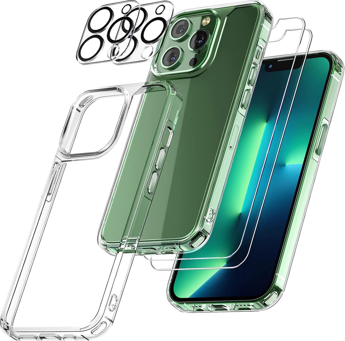 Nuvex Hoesje geschikt voor iPhone 13 pro max Transparant - Bundel met 2x Screenprotector + 2x Cameraprotector - Telefoonhoesje met Beschermglas - Case Doorzichtig