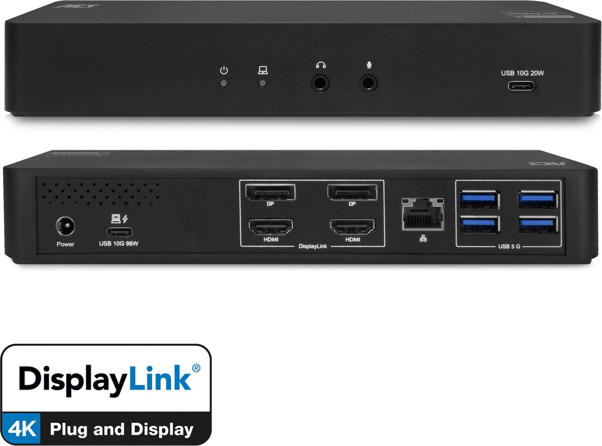 ACT USB-C Docking Station 4K, voor 2 HDMI of DisplayPort monitoren, DisplayLink AC7160