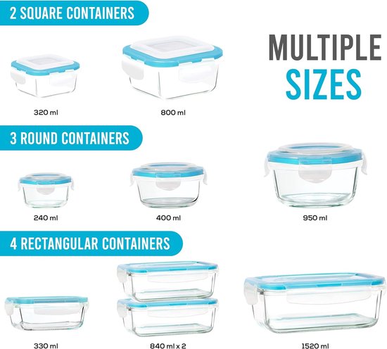 Glass Food Storage Container with Lid - Set of 4 Storage Boxes - Stackable & Airtight - BPA Free - Dishwasher Safe - Freezer and Microwave Safe
