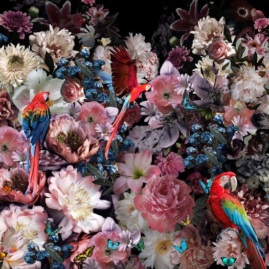 Glasschilderij 80x80x0.4 Parrots with flowers
