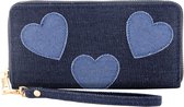 Nouka Jeans Blauwe Dames Portemonnee met Harten – Portefeuille – Clutch - PU Leer – met Ritssluiting – 12 Pasjes – Briefgeld - Muntgeld – Cadeau Voor Vrouwen