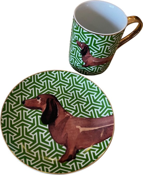 Teckel - assiette - chien - porcelaine - assiette petit-déjeuner - vert - or - imprimé teckel