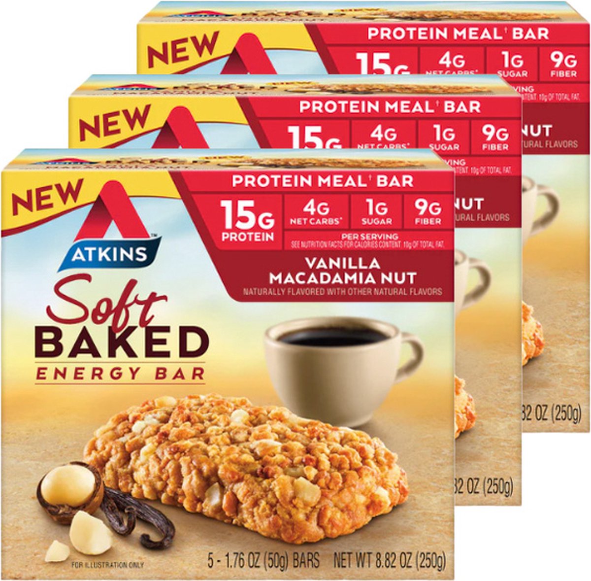 Goedkoopste Atkins | Soft Baked Energy Bar | Vanilla Macademia Nut | Doos | 3 stuks | 3 x 50 gram