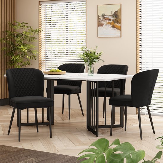 Sweiko Eettafel set, 140 x 80 x 75cm eettafel met 4 stoelen, zwart fluweel eetkamerstoelen, kussens stoel ontwerp met rugleuning, wit MDF tafelblad, V-vormige zwarte tafelpoten