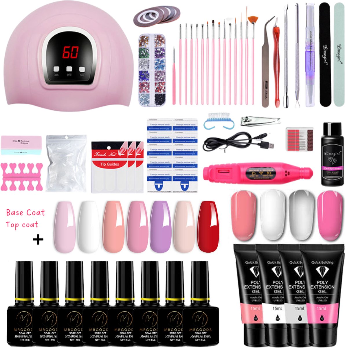 MrGoods Gellak Starterspakket 7 Kleuren Gel Gellac Nail Art 54W UV Lamp met Timer 4 Kleuren Polygel Gellak set Incl. Elektrische Nagelvijl