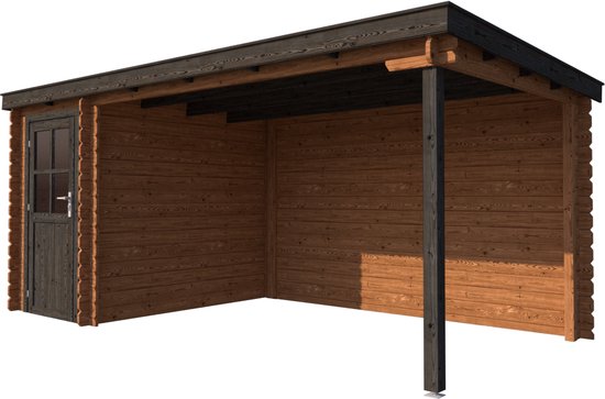 BlokhuttenOutlet.nl Blokhut met overkapping lessenaar dak 150 x 250 + 350cm in brown wash met black wash