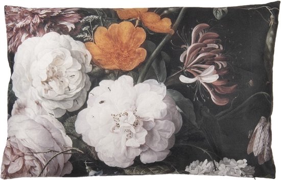 Set van 2 x Sierkussen 60x40 cm Zwart Wit Polyester Rechthoek Bloemen Kussenhoes met Kussenvulling