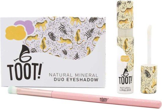 Make-up set met luipaardprint, oogschaduwdoos, lipgloss en een roze make-up kwast.