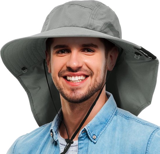 Bastix - Outdoor zonnehoed voor dames en heren met kinband, opvouwbare bucket hat met brede rand, zomerpet met nekbescherming, UPF 50+ UV-bescherming voor wandelen, safari, strand, wandelhoed, , tuinhoed, zonbeschermingshoed