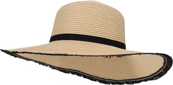 Beige strooien zomerhoed met zwarte band en rafelrand.