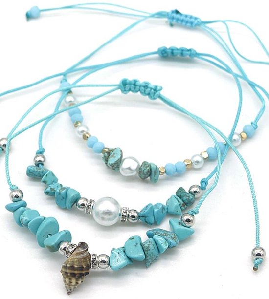 Bracelets de cheville - lot de 3 - réglables - perle - coquillage - bleu - pierres