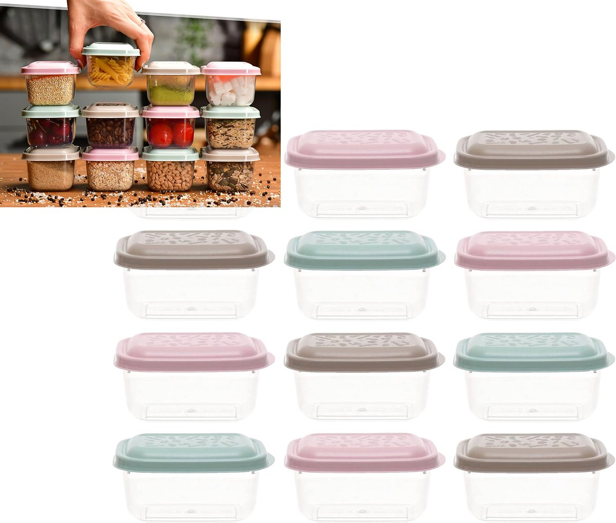 Voorraadpot set 12 stuks, 250 ml, pastel, met deksel, stapelbaar, voorraadbakken, opbergdozen, lunchbox, keukengadgets, maaltijdbereiding, diepvriesdozen