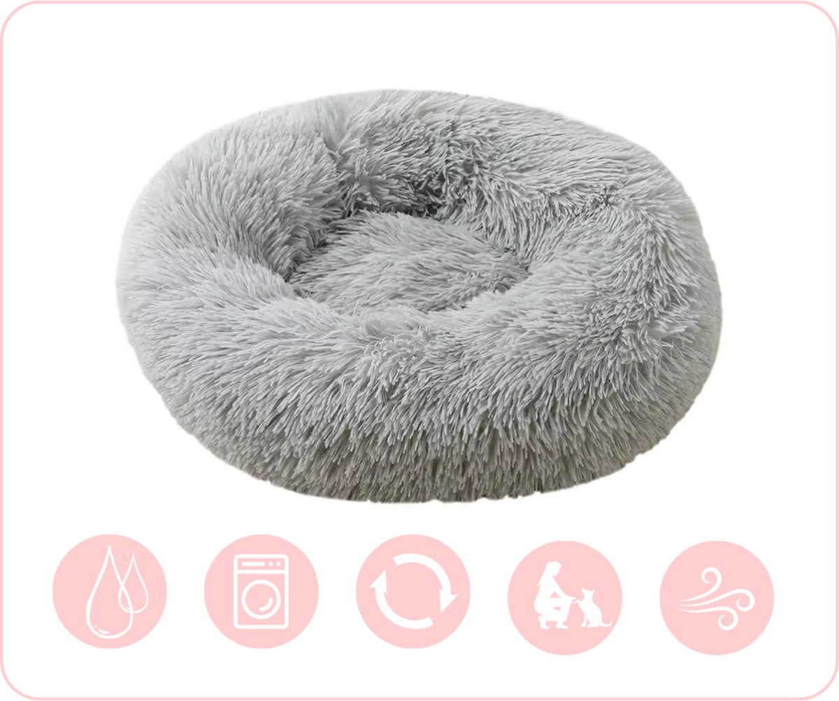 PetWise® Donut mand rond - zacht hondenbed / kattenbed - grijs - beige - Maat S - 60 cm