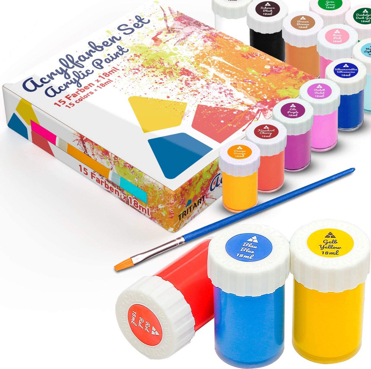 Tritart Acryl Verfset voor Kinderen en Volwassenen - Set van 15 Kleurenset van Acrylverf Om te Schilderen Mat van Kleur
