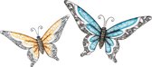 Anna Collection Wanddecoratie vlinders - 2x - blauw/oranje - 36 x 21 cm/49 x 28 - metaal - muurdecoratie/schutting