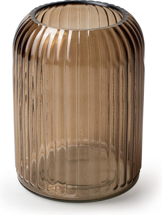 Jodeco Bloemenvaas Striped - transparant licht bruin - glas - D17 x H25 cm - ribbelvaas