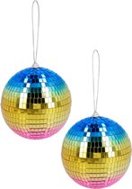 Boland Disco spiegel bal - 2x - rond - regenboog - Dia 15 cm - Seventies/eighties thema versiering - Feestartikelen