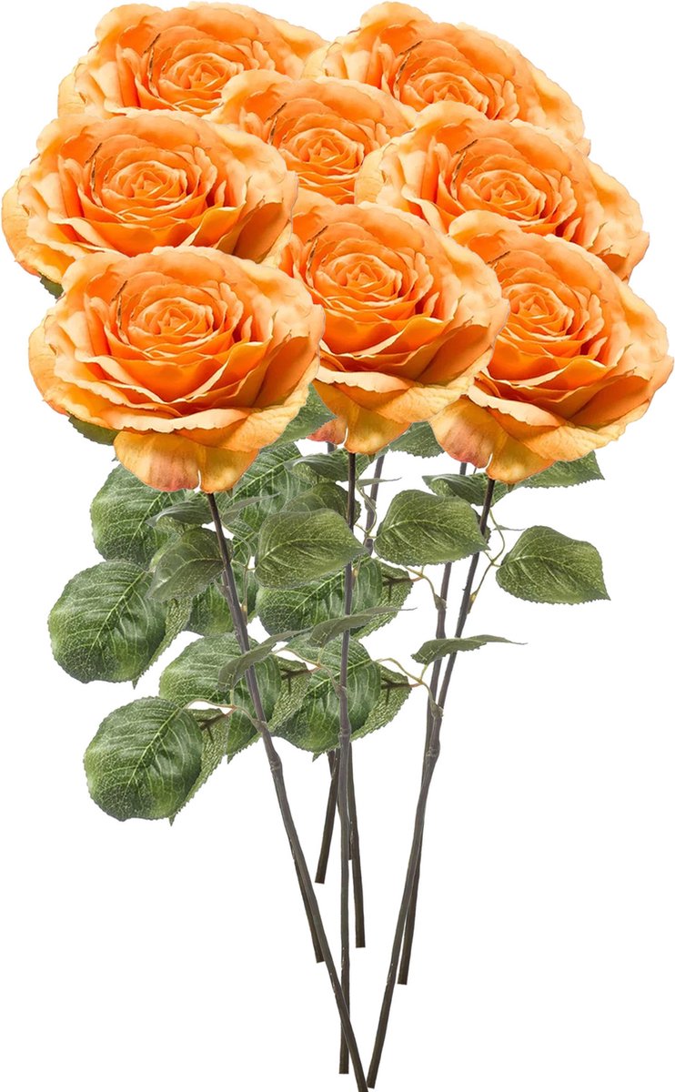 Emerald Kunstbloemen boeket Roos Laurie - 8x - 57 cm - oranje - Kunst zijdebloemen