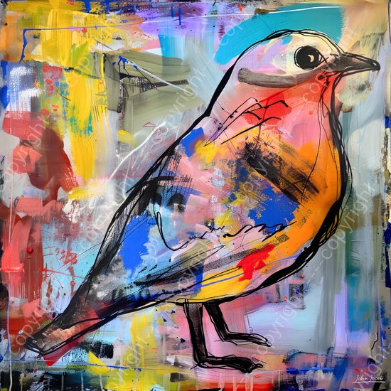 JJ-Art (Canvas) 100x100 | Vogel, kleurrijk, abstract, kunst | dier, snavel, rood, blauw, geel, oranje, vierkant, modern | Foto-Schilderij canvas print (wanddecoratie)