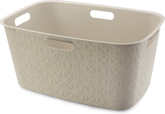 Crèmekleurige wasmand met geometrisch patroon en vier handgrepen.