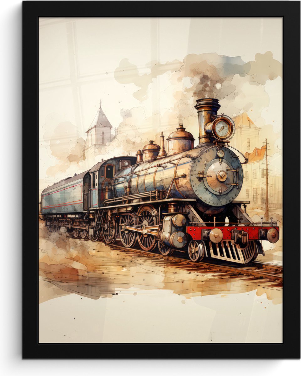 FrameYourWall Poster in lijst - Fotolijst 30x40 cm - Posters - Vintage - Trein - Spoor - Gebouw - Beige - Posterlijst zwart - Decoratie - Wanddecoratie woonkamer - Muurdecoratie slaapkamer Stoomtrein