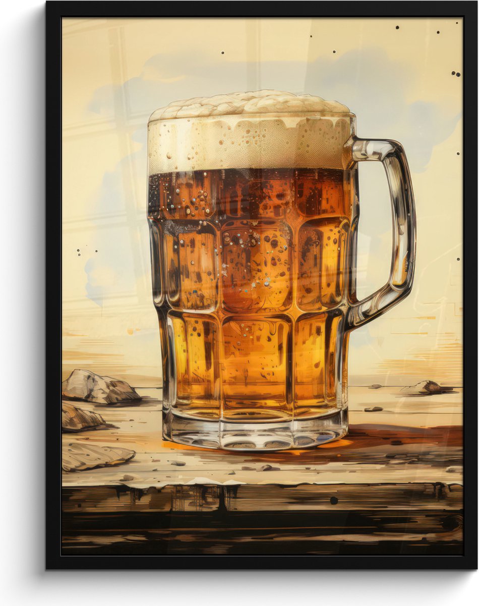 FrameYourWall Poster in lijst - Fotolijst 60x80 cm - Posters - Vintage - Bier - Pul - Hout - Tafel - Drinken - Posterlijst zwart - Decoratie - Wanddecoratie woonkamer - Muurdecoratie slaapkamer