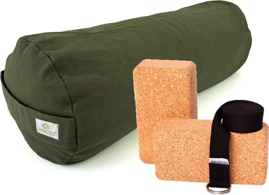 Foto: Zenzes pro eco bolster met yogariem en 2 yogablokken olijfgroen