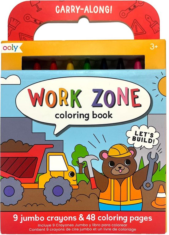 Foto: Ooly carry along crayons coloring book kit work zone kleurboek voor kinderen 48 pagina s met illustraties en 9 jumbo kleurpotloden ontworpen met een handvat om gemakkelijk mee te nemen geschikt voor kinderen vanaf 3 jaar