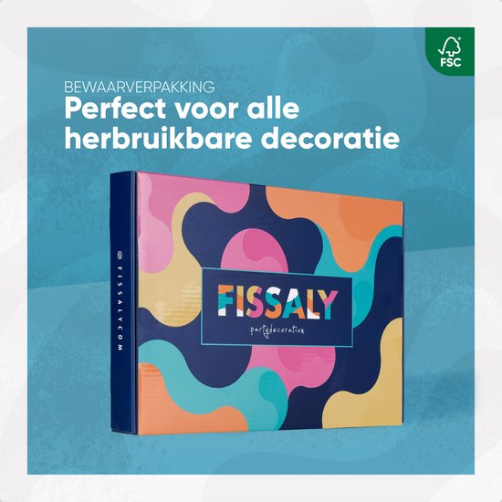 Een Fissaly feestdecoratie doos met een kleurrijk abstract patroon en de tekst 'Fissaly party decoration'.